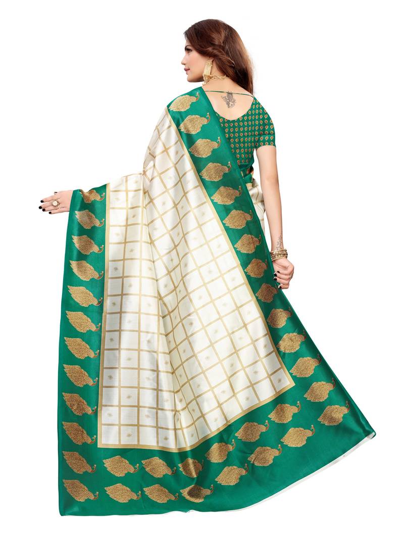 White Printed Silk Blend Sarees With Unstitched Blouse