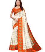 White Printed Silk Blend Sarees With Unstitched Blouse