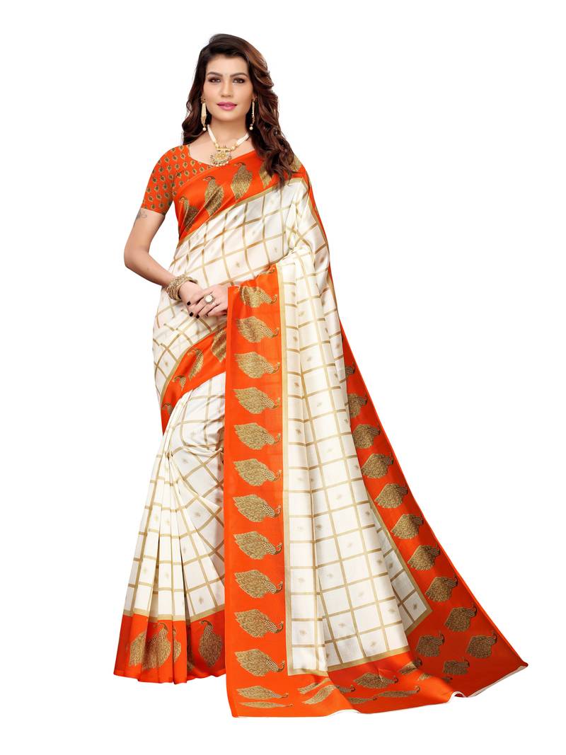 White Printed Silk Blend Sarees With Unstitched Blouse