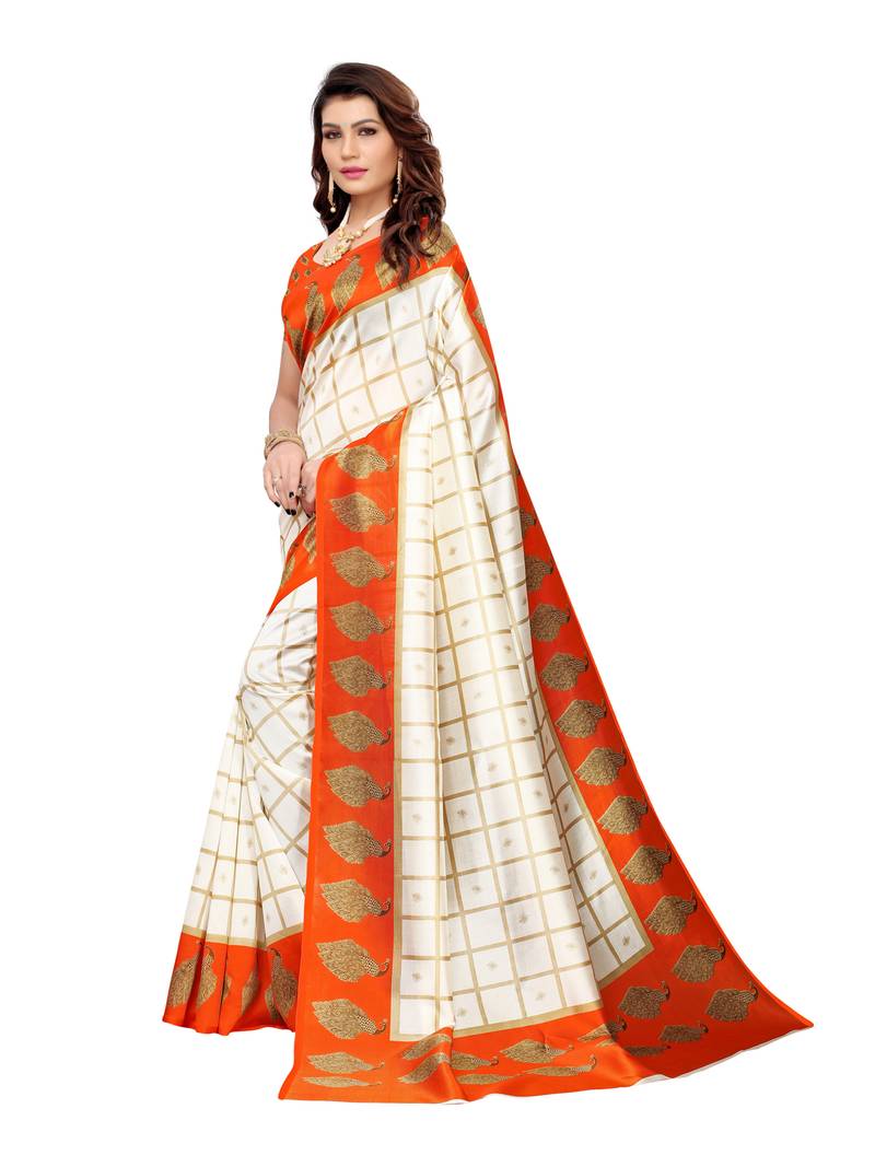 White Printed Silk Blend Sarees With Unstitched Blouse