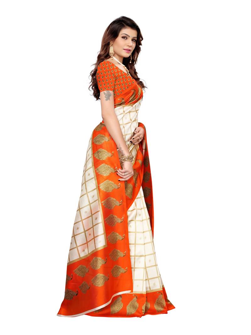 White Printed Silk Blend Sarees With Unstitched Blouse