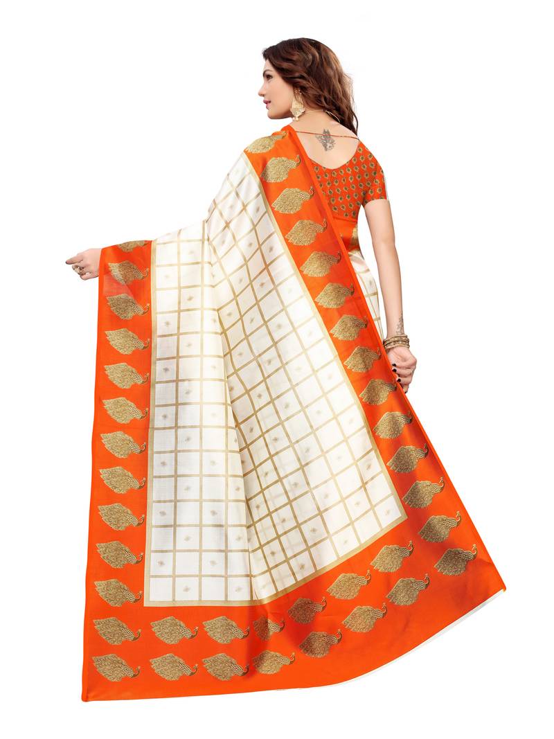 White Printed Silk Blend Sarees With Unstitched Blouse