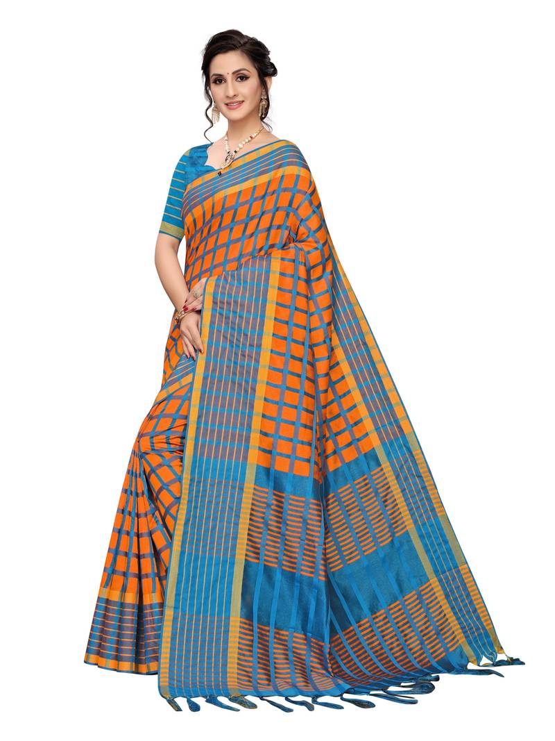 Blue Printed Silk Blend Sarees With Unstitched Blouse Piece main image 1