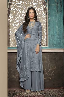 Grey Embroidered Faux Georgette Salwar Semi Stitched 1