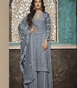 Grey Embroidered Faux Georgette Salwar Semi Stitched