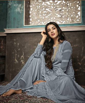 Grey Embroidered Faux Georgette Salwar Semi Stitched 5