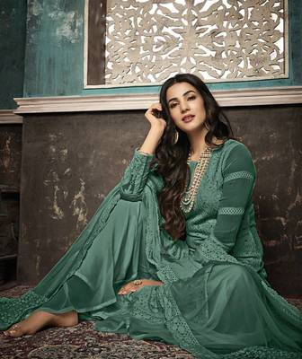 Green Embroidered Faux Georgette Salwar Semi Stitched 2
