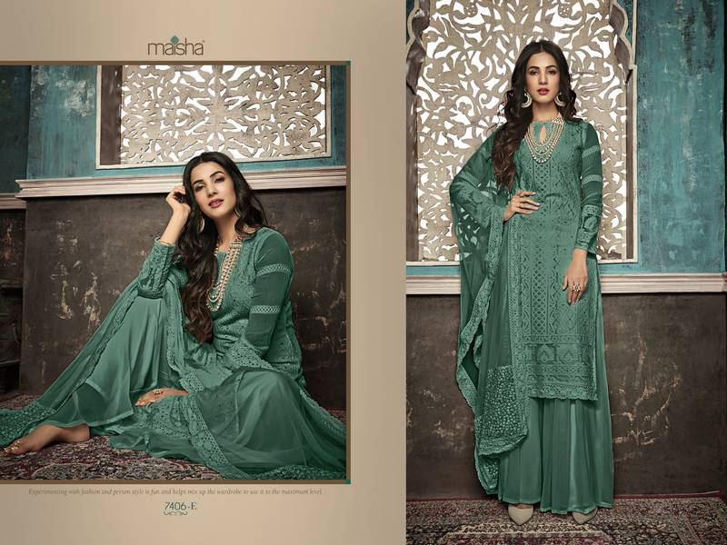 Green Embroidered Faux Georgette Salwar Semi Stitched