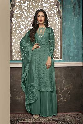 Green Embroidered Faux Georgette Salwar Semi Stitched 4