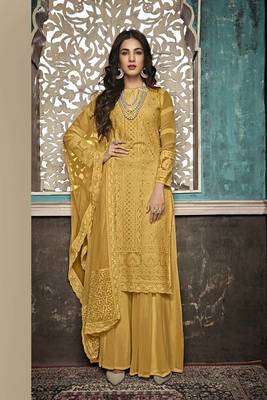 Mustard Embroidered Faux Georgette Salwar Semi Stitched 1