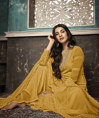 Mustard Embroidered Faux Georgette Salwar Semi Stitched 5