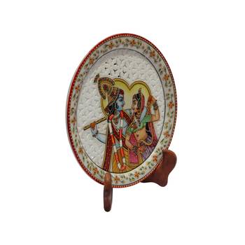 Handicrafts Paradise Marble Round Plate Cut Work Radha Krishna Pattern 1