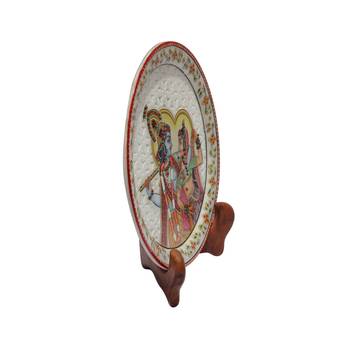 Handicrafts Paradise Marble Round Plate Cut Work Radha Krishna Pattern 2
