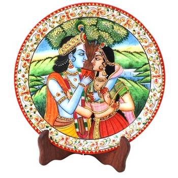 Handicrafts Paradise Marble Round Decorative Plate Radha Krishna 1