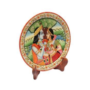 Handicrafts Paradise Marble Round Decorative Plate Radha Krishna 2