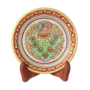Handicrafts Paradise Peacock With Feathers Spread On Marble Plate Hpmr15167 1
