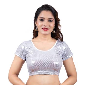 Dupion Silk Silver Sequinned Short Sleeves Readymade Saree Blouse 1