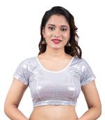 Dupion Silk Silver Sequinned Short Sleeves Readymade Saree Blouse