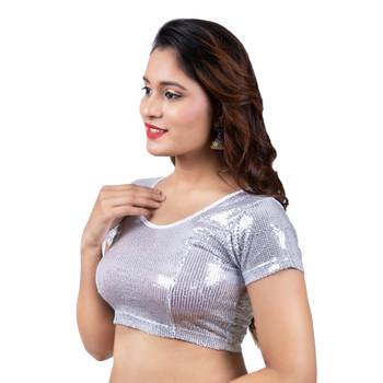 Dupion Silk Silver Sequinned Short Sleeves Readymade Saree Blouse 2