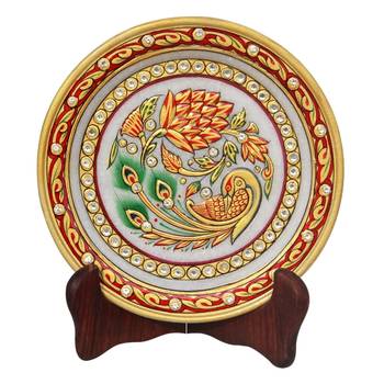Handicrafts Paradise Peacock With Flowers Painted  On Marble Plate Hpmr15170 1