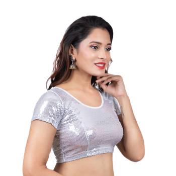 Dupion Silk Silver Sequinned Short Sleeves Readymade Saree Blouse 3