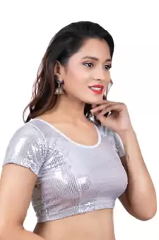 Dupion Silk Silver Sequinned Short Sleeves Readymade Saree Blouse