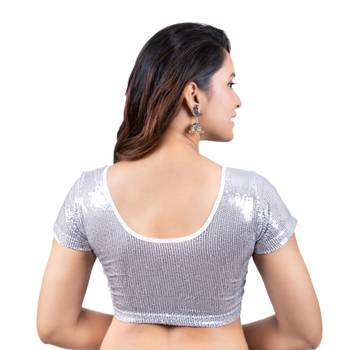 Dupion Silk Silver Sequinned Short Sleeves Readymade Saree Blouse 4