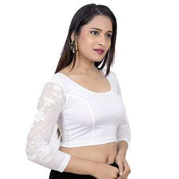 Silver Full Net Sleeves Lycra Stretchable Readymade Saree Blouse 2