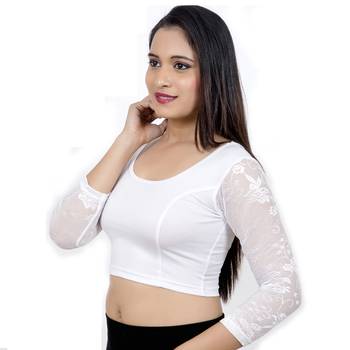 Silver Full Net Sleeves Lycra Stretchable Readymade Saree Blouse 3