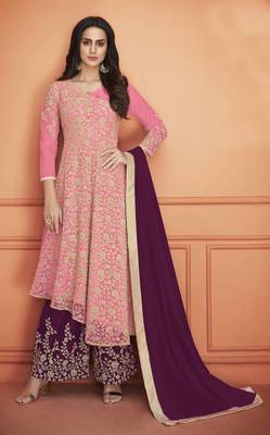 Pink Embroidered Net Salwar Semi Stitched 1