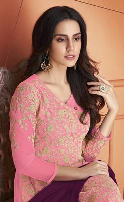 Pink Embroidered Net Salwar Semi Stitched 5