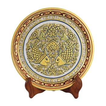 Decorative  Plate in Marble with fishes painted with an intricate border around it by Handicrafts Paradise 1