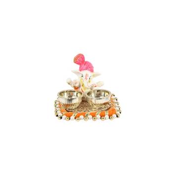 Handicrafts Paradise decorative puja thali/pooja thali/haldi kumkum holder with pink turban ganesh -( 3.25 x 2.75 inch ) 1