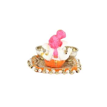 Handicrafts Paradise decorative puja thali/pooja thali/haldi kumkum holder with pink turban ganesh -( 3.25 x 2.75 inch ) 2