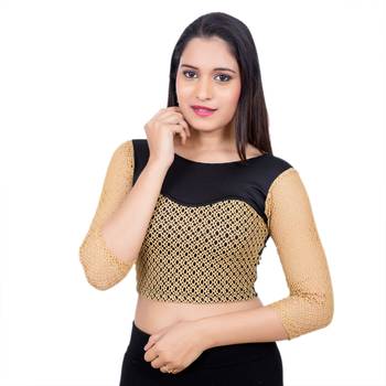Black Shimmer Black Full Net Sleeves Lycra Stretchable Readymade Saree Blouse 1