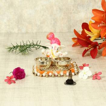 Handicrafts Paradise decorative puja thali/pooja thali/haldi kumkum holder with pink turban ganesh -( 3.25 x 2.75 inch ) 4