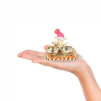 Handicrafts Paradise decorative puja thali/pooja thali/haldi kumkum holder with pink turban ganesh -( 3.25 x 2.75 inch ) 5