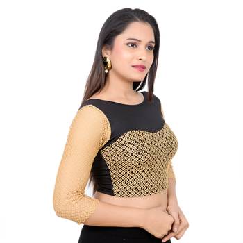 Black Shimmer Black Full Net Sleeves Lycra Stretchable Readymade Saree Blouse 2