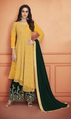 Yellow Embroidered Net Salwar Semi Stitched 1