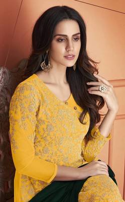 Yellow Embroidered Net Salwar Semi Stitched 2