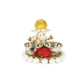 Handicrafts Paradise decorative puja thali / pooja thali / haldi kumkum holder with ganesh and Pearl beads base 1