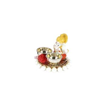 Handicrafts Paradise decorative puja thali / pooja thali / haldi kumkum holder with ganesh and Pearl beads base 2