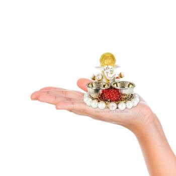 Handicrafts Paradise decorative puja thali / pooja thali / haldi kumkum holder with ganesh and Pearl beads base 5