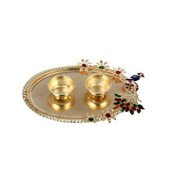 Handicrafts Paradise decorative haldi kumkum holder/ Puja thali / Pooja thali with Enamel Peacock design 1