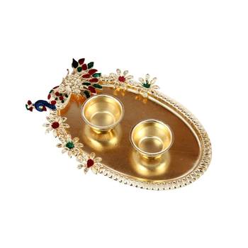 Handicrafts Paradise decorative haldi kumkum holder/ Puja thali / Pooja thali with Enamel Peacock design 2