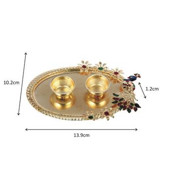 Handicrafts Paradise decorative haldi kumkum holder/ Puja thali / Pooja thali with Enamel Peacock design 3