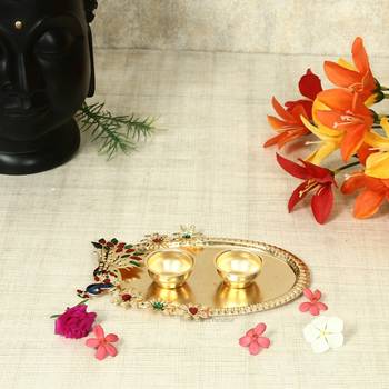 Handicrafts Paradise decorative haldi kumkum holder/ Puja thali / Pooja thali with Enamel Peacock design 4
