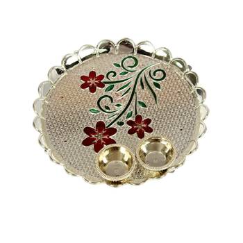 Handicrafts Paradise decorative haldi kumkum holder/ Puja thali / Pooja thali with Enamel Floral design 3