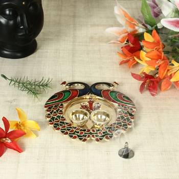 decorative haldi kumkum holder/Puja thali /Pooja thali with 2 enamel Peacocks Ganesha face in centre with 2 katoris 1