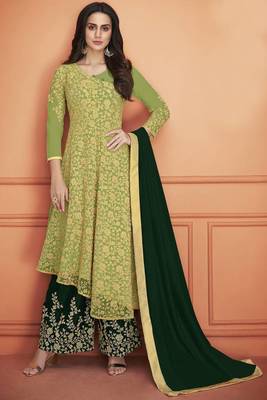 Parrot  Green Embroidered Net Salwar Semi Stitched 4